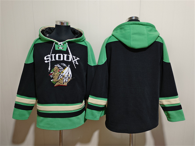 Men's North Dakota Fighting Hawks Blank Black/Green Lace-Up Pullover Hoodie